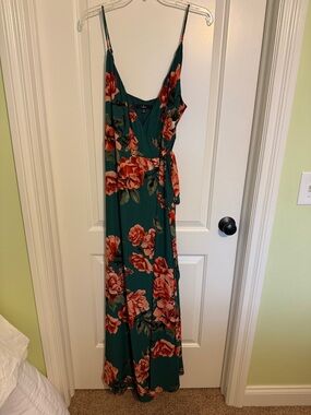Lulu's Teal Maxi Dress with Coral Rose Print